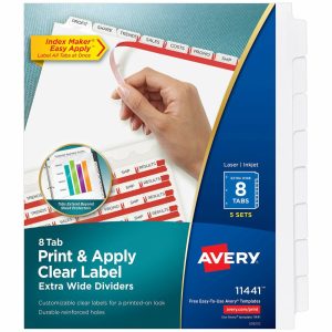 Dividers & Tabs | Customizable Index Maker Extra-Wide Dividers For 3 Ring Binder, Easy Print & Apply Clear Label Strip, 8 Tab, Pack Of 5 Sets Binders & Accessories Dividers & Tabs