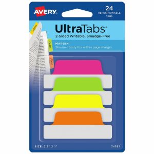 Dividers & Tabs | Margin Ultra Tabs, 2-Side Writable, 2.5″ X 1″, Assorted Neon Colors, Pack Of 24 Repositionable Tabs Binders & Accessories Dividers & Tabs