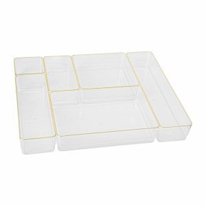 Drawer Organizers | Kerry Plastic Stackable Office Desk Drawer 6-Piece Organizer Set, Clear/Gold Trim Desk Accessories Drawer Organizers