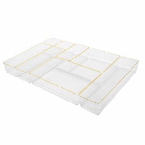 Drawer Organizers | Kerry Plastic Stackable Office Desk Drawer 8-Piece Organizer Set, Clear/Gold Trim Desk Accessories Drawer Organizers