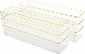 Drawer Organizers | Kerry Plastic Stackable Office Desk Drawer Organizers, 2″H X 3″W X 12″D, Clear/Gold Trim, Pack Of 6 Organizers Desk Accessories Drawer Organizers