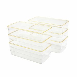 Drawer Organizers | Kerry Plastic Stackable Office Desk Drawer Organizers, 2″H X 3″W X 6″D, Clear/Gold Trim, Pack Of 6 Organizers Desk Accessories Drawer Organizers