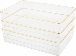 Drawer Organizers | Kerry Plastic Stackable Office Desk Drawer Organizers, 2″H X 6″W X 9″D, Clear/Gold Trim, Pack Of 3 Organizers Desk Accessories Drawer Organizers