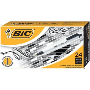 Pens | Clic Stic Retractable Ballpoint Pens, Medium Point, 1.0 Mm, White Barrel, Black Ink, Pack Of 24 Office Supplies Pens