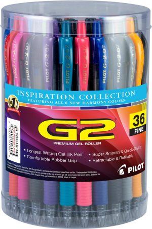 Pens | G2 Inspiration Gel Pens, Fine Point, 0.7 Mm, Clear Barrels, Assorted Ink, Tub Of 36 Pens Office Supplies Pens