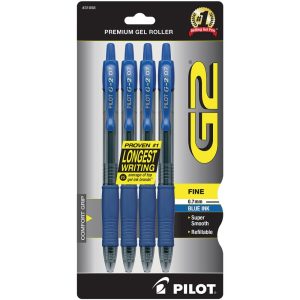 Pens | G2 Retractable Gel Pens, Fine Point, 0.7 Mm, Clear Barrels, Blue Ink, Pack Of 4 Pens Office Supplies Pens