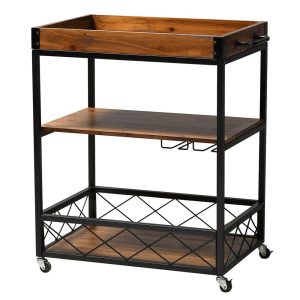 Storage Drawers & Carts | Capri Mobile Bar Cart With Stemware Rack, 34-11/16” X 31-1/2”, Golden Oak/Black Office Supplies Storage Drawers & Carts