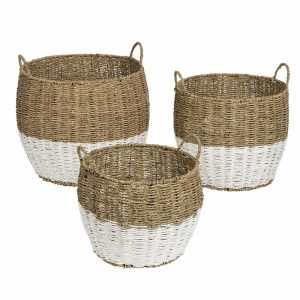 Storage Bins & Baskets | Honey-Can-Do Round Nesting Seagrass 2-Color Baskets With Handles, Medium Size, Natural & White, Set Of 3 Office Supplies Storage Bins & Baskets