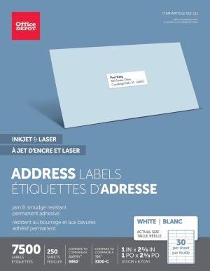 Address Labels | Brand Inkjet/Laser Address Labels, Rectangle, 1″ X 2 5/8″, White, Pack Of 7,500 Address Labels Address Labels